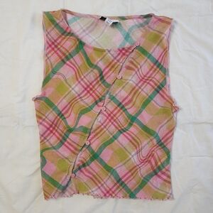 Topshop Pink Green Plaid Asymmetric Button Detail Sleeveless Top